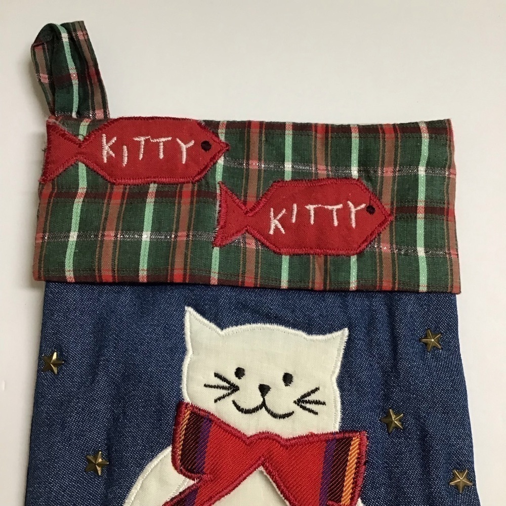 Cat Christmas Stocking Picture Frame Kitten Kitty Pet Applique Plaid Denim Stars - Picture 2 of 13